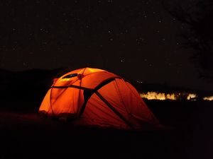 Preview wallpaper tent, camping, night, starry sky, stars