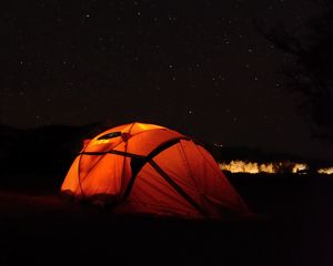 Preview wallpaper tent, camping, night, starry sky, stars