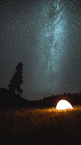 Preview wallpaper tent, camping, night, nature, starry sky, dark