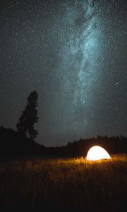 Preview wallpaper tent, camping, night, nature, starry sky, dark