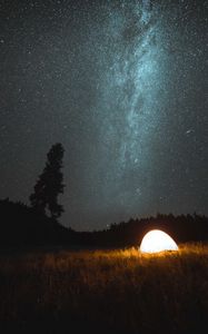 Preview wallpaper tent, camping, night, nature, starry sky, dark