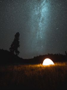 Preview wallpaper tent, camping, night, nature, starry sky, dark