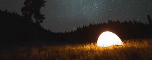 Preview wallpaper tent, camping, night, nature, starry sky, dark