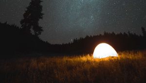 Preview wallpaper tent, camping, night, nature, starry sky, dark