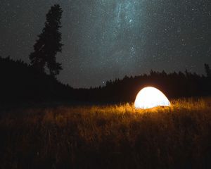 Preview wallpaper tent, camping, night, nature, starry sky, dark