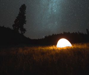 Preview wallpaper tent, camping, night, nature, starry sky, dark