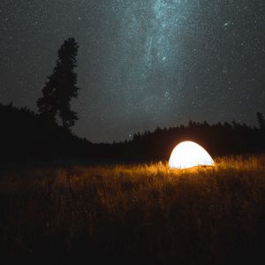 Preview wallpaper tent, camping, night, nature, starry sky, dark