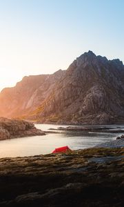 Preview wallpaper tent, camping, rocks, mountains, lake