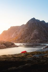 Preview wallpaper tent, camping, rocks, mountains, lake