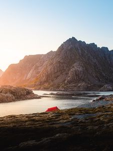 Preview wallpaper tent, camping, rocks, mountains, lake