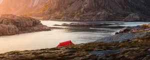 Preview wallpaper tent, camping, rocks, mountains, lake