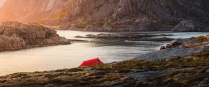 Preview wallpaper tent, camping, rocks, mountains, lake