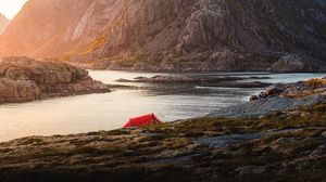 Preview wallpaper tent, camping, rocks, mountains, lake