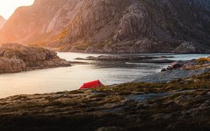 Preview wallpaper tent, camping, rocks, mountains, lake