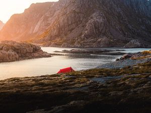 Preview wallpaper tent, camping, rocks, mountains, lake