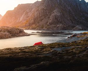 Preview wallpaper tent, camping, rocks, mountains, lake