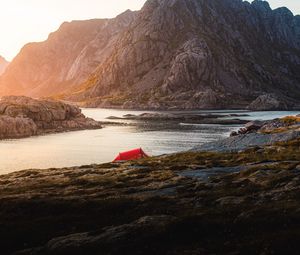 Preview wallpaper tent, camping, rocks, mountains, lake