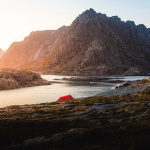 Preview wallpaper tent, camping, rocks, mountains, lake