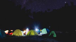 Preview wallpaper tent, camping, starry sky, tents, night