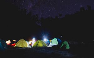 Preview wallpaper tent, camping, starry sky, tents, night