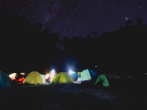 Preview wallpaper tent, camping, starry sky, tents, night