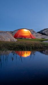 Preview wallpaper tent, camping, stones, pond, reflection, nature