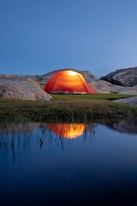 Preview wallpaper tent, camping, stones, pond, reflection, nature