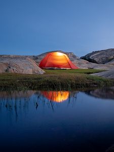 Preview wallpaper tent, camping, stones, pond, reflection, nature