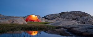 Preview wallpaper tent, camping, stones, pond, reflection, nature