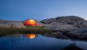 Preview wallpaper tent, camping, stones, pond, reflection, nature