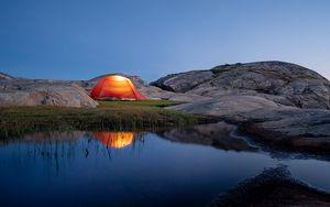 Preview wallpaper tent, camping, stones, pond, reflection, nature
