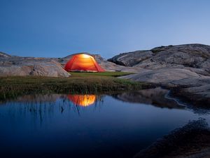 Preview wallpaper tent, camping, stones, pond, reflection, nature