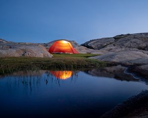 Preview wallpaper tent, camping, stones, pond, reflection, nature