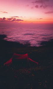 Preview wallpaper tent, camping, sunset, clouds, beautiful