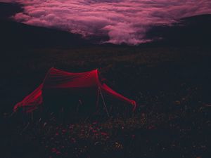 Preview wallpaper tent, camping, sunset, clouds, beautiful