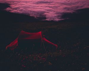 Preview wallpaper tent, camping, sunset, clouds, beautiful