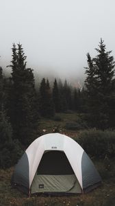 Preview wallpaper tent, camping, trees, fog, nature