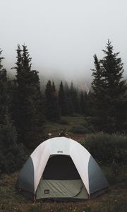 Preview wallpaper tent, camping, trees, fog, nature