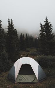 Preview wallpaper tent, camping, trees, fog, nature