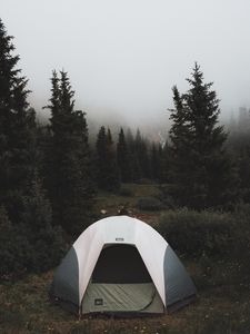 Preview wallpaper tent, camping, trees, fog, nature