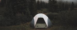 Preview wallpaper tent, camping, trees, fog, nature