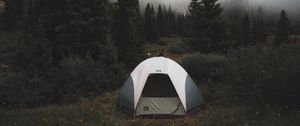 Preview wallpaper tent, camping, trees, fog, nature