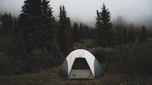 Preview wallpaper tent, camping, trees, fog, nature