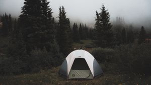 Preview wallpaper tent, camping, trees, fog, nature