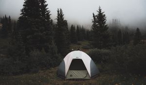 Preview wallpaper tent, camping, trees, fog, nature