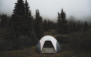 Preview wallpaper tent, camping, trees, fog, nature