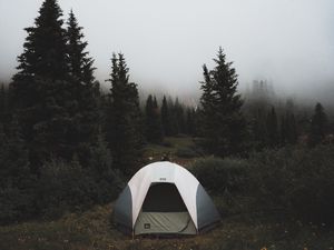 Preview wallpaper tent, camping, trees, fog, nature