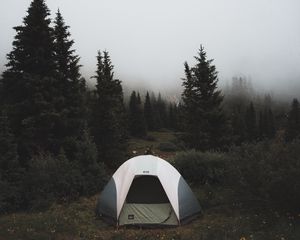 Preview wallpaper tent, camping, trees, fog, nature