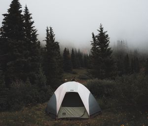 Preview wallpaper tent, camping, trees, fog, nature