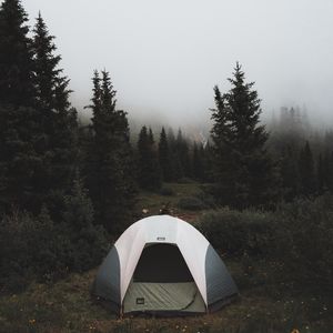 Preview wallpaper tent, camping, trees, fog, nature